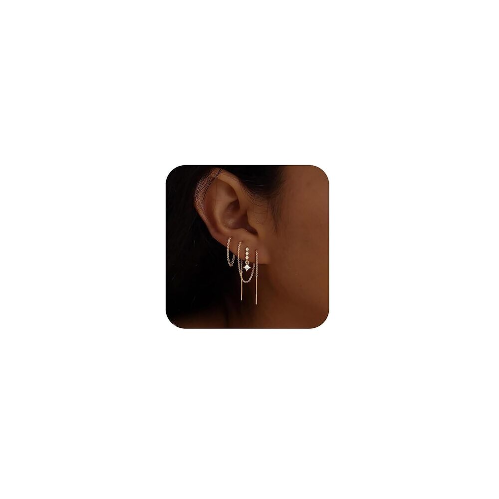 Threader Earrings for Women, Dainty 14K Gold Plated Dangle Chain Earring